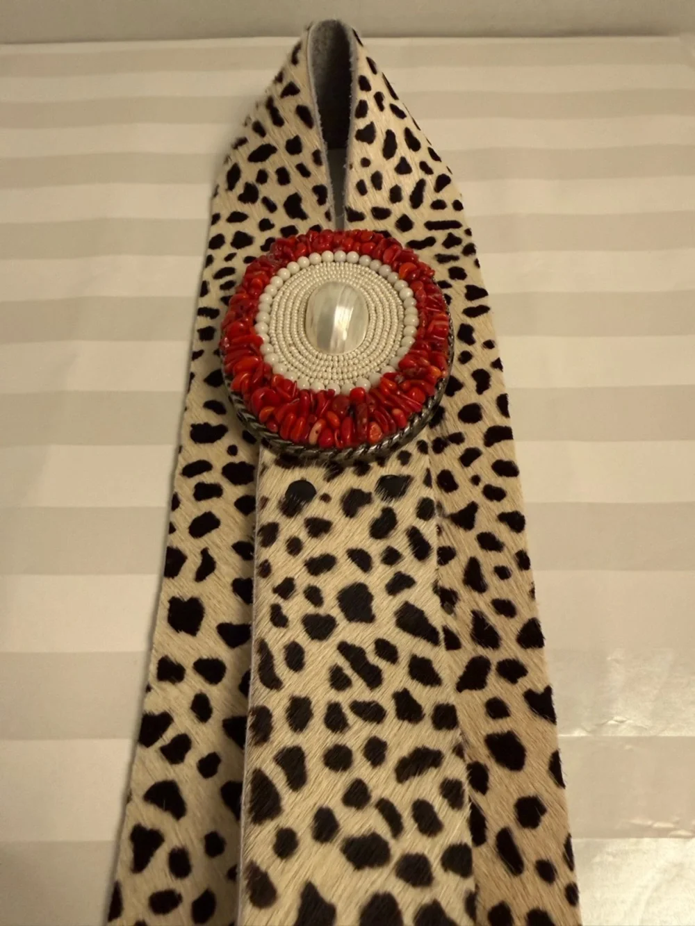 Platteppus Leopard Belt w/Hand Beaded Mother of Pearl & Bamboo Coral Buckle